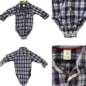 Carters Button Up Long Sleeve Blue Plaid Bodysuit Onesie with Pocket 12 Months